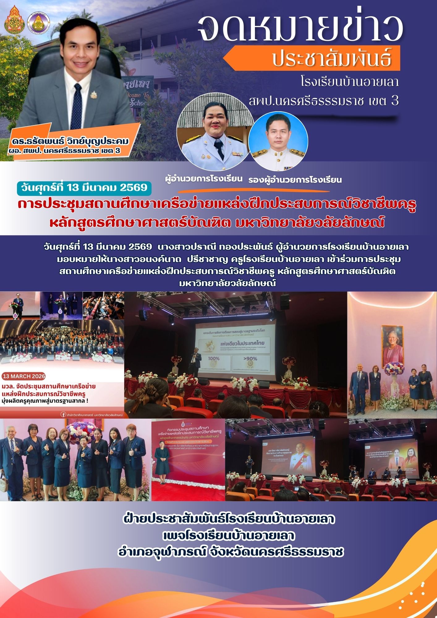 การประชุมสถานศึกษาเครือข่ายแหล่งฝึกประสบการณ์วิชาชีพครู หลักสูตรศึกษาศาสตร์บัณฑิต มหาวิทยาลัยวลัยลักษณ์